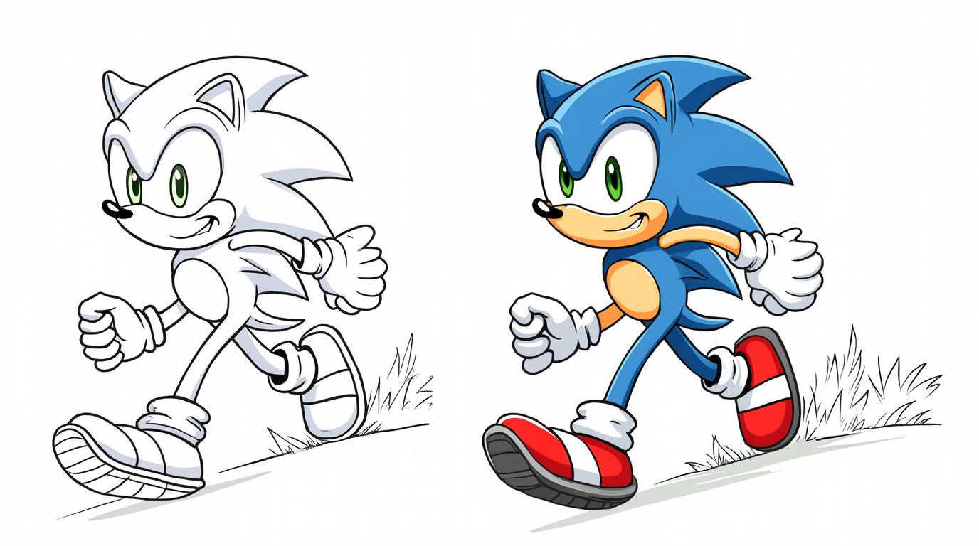 Sonic running through Green Hill Zone with a big smile