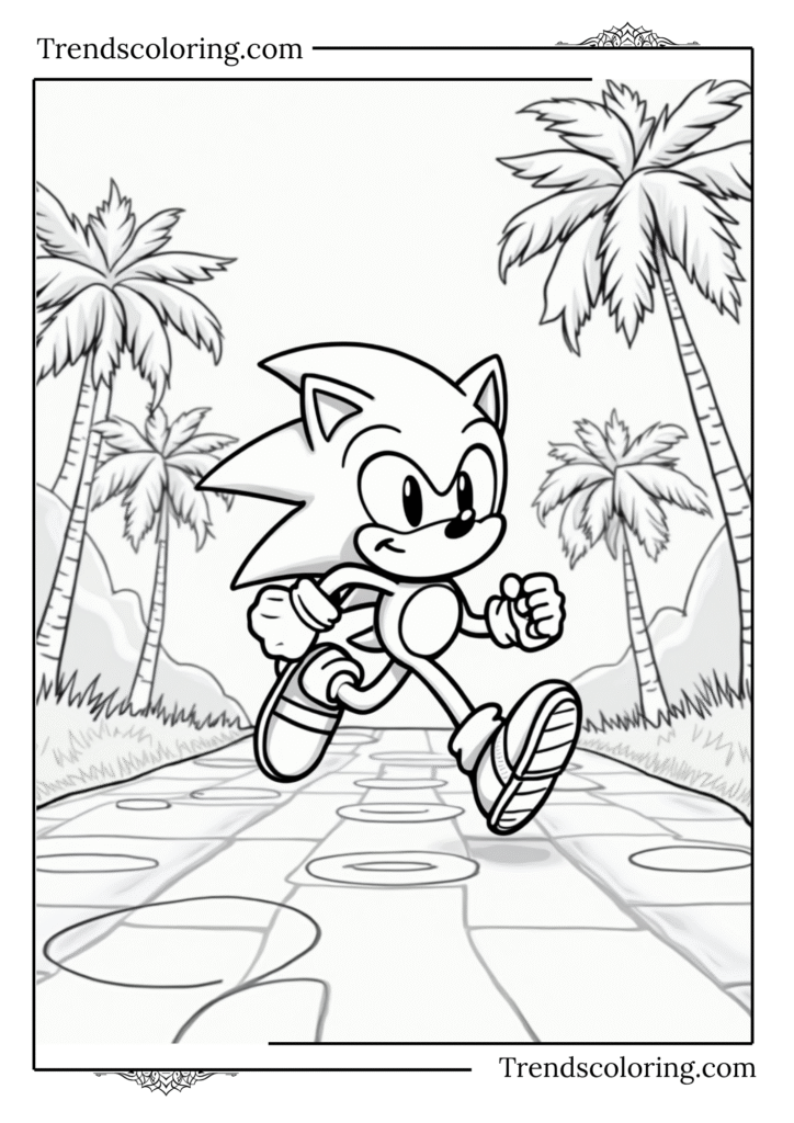 Sonic running surrounded by rings and palm trees